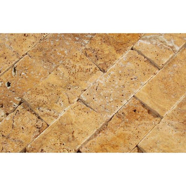 2 x 4 Split-faced Gold Travertine Brick Mosaic Tile.