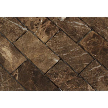 2 x 4 Tumbled Emperador Dark Marble Brick Mosaic Tile.