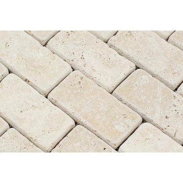 2 x 4 Tumbled Ivory Travertine Brick Mosaic Tile.
