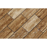 2 x 4 Unfilled Brushed Noce Exotic (Vein-Cut) Travertine Brick Mosaic Tile.