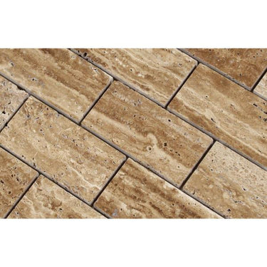 2 x 4 Unfilled Polished Noce Exotic (Vein-Cut) Travertine Brick Mosaic Tile.