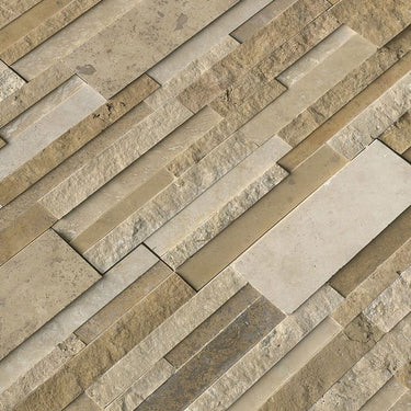 Ivory & Noce Travertine Multi Blend 6x24 Stacked Stone Ledger Panel.