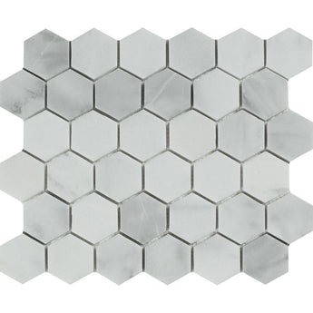 2 x 2 Honed Bianco Mare Marble Hexagon Mosaic Tile.
