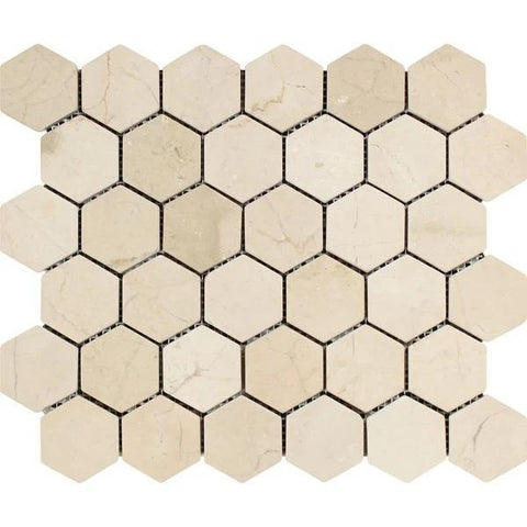 2 x 2 Tumbled Crema Marfil Marble Hexagon Mosaic Tile.