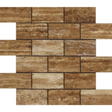 2 x 4 Unfilled Brushed Noce Exotic (Vein-Cut) Travertine Brick Mosaic Tile.
