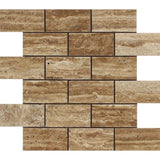 2 x 4 Unfilled Polished Noce Exotic (Vein-Cut) Travertine Brick Mosaic Tile.