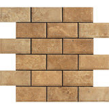 2 x 4 Tumbled Noce Travertine Deep-Beveled Brick Mosaic Tile.