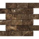 2 x 4 Tumbled Emperador Dark Marble Brick Mosaic Tile.