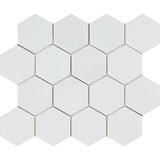 3 x 3 Polished Thassos White Marble Hexagon Mosaic Tile.