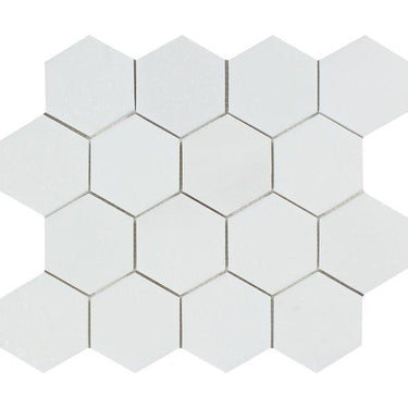 3 x 3 Polished Thassos White Marble Hexagon Mosaic Tile.