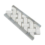4 3/4 x 12 Honed Bianco Carrara Marble Basketweave Border w/ Blue-Gray Dots.