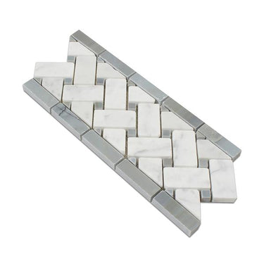 4 3/4 x 12 Honed Bianco Carrara Marble Basketweave Border w/ Blue-Gray Dots.