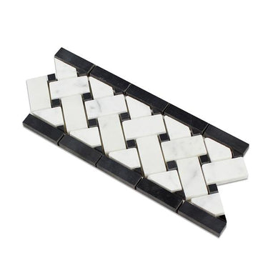 4 3/4 x 12 Polished Bianco Carrara Marble Basketweave Border w/ Black Dots.