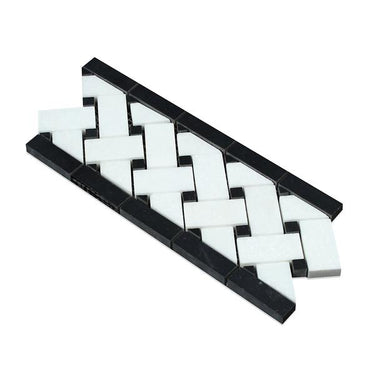 4 3/4 x 12 Polished Thassos White Marble Basketweave Border w/ Black Dots.