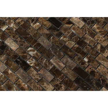5/8 x 1 1/4 Polished Emperador Dark Marble Baby Brick Mosaic Tile.