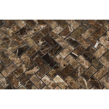 5/8 x 1 1/4 Polished Emperador Dark Marble Mini Herringbone Mosaic Tile.