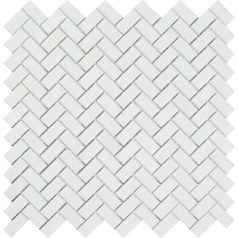 5/8 x 1 1/4 Polished Thassos White Marble Mini Herringbone Mosaic Tile.