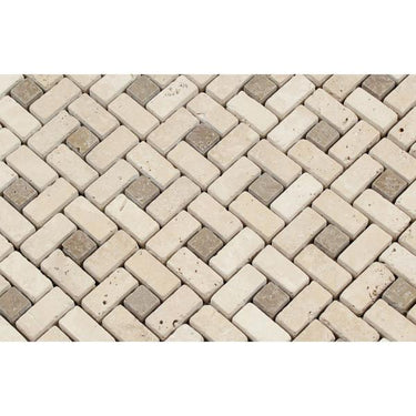 5/8 x 1 1/4 Tumbled Ivory Travertine Mini Pinwheel Mosaic Tile w/ Noce Dots.