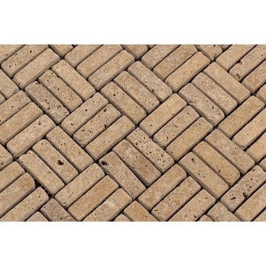 5/8 x 2 Tumbled Noce Travertine Triple-Strip Mosaic Tile.
