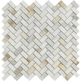 5/8 x 1 1/4 Polished Calacatta Gold Marble Mini Herringbone Mosaic Tile.