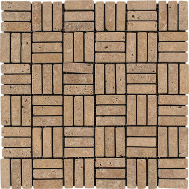 5/8 x 2 Tumbled Noce Travertine Triple-Strip Mosaic Tile.