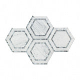 5 x 5 Honed Bianco Carrara Marble Hexagon Mosaic Tile (w/ Blue-Gray).