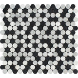 Bianco Carrara Honed Marble Penny Round Mosaic Tile (Carrara + Thassos + Black).