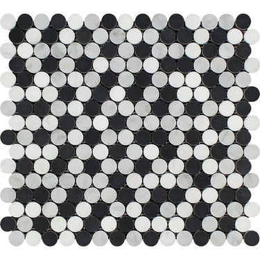 Bianco Carrara Honed Marble Penny Round Mosaic Tile (Carrara + Thassos + Black).