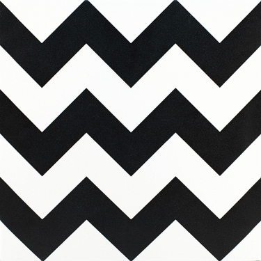 Black and white porcelain tile from Roca's Casablanca Trails 8x8 collection, featuring a geometric pattern for modern interior design.