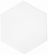 White solid hexagon floor tile by Roca, 8x9 inches, showcasing a clean, modern design with a smooth surface.