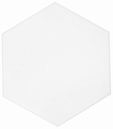 White solid hexagon floor tile by Roca, 8x9 inches, showcasing a clean, modern design with a smooth surface.