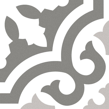 Roca Havana Jazz 8x8 cement floor tile with a textured, neutral gray finish, showcasing a modern geometric design.