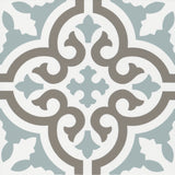 Roca Casablanca Aqua 8x8 floor tile featuring a blue and white geometric pattern for elegant interior flooring.