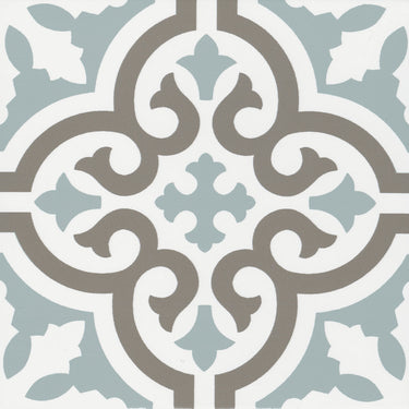 Roca Casablanca Aqua 8x8 floor tile featuring a blue and white geometric pattern for elegant interior flooring.