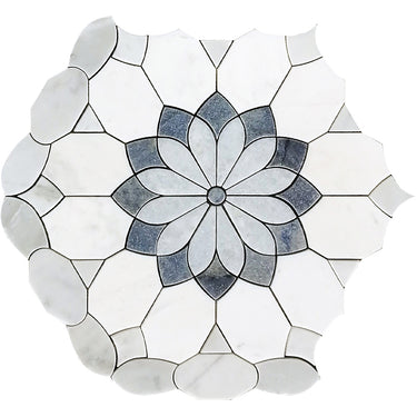 WATERJET MERLETTO AZUL Azul Macaubas, Blue Celeste, Thassos, Carrara Mosaic Tile.