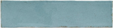 Blue steel crackled Maiolica wall tile by Roca, measuring 3x12 inches, with a textured, glazed surface and intricate crackle design.
