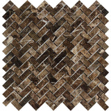 5/8 x 1 1/4 Polished Emperador Dark Marble Mini Herringbone Mosaic Tile.