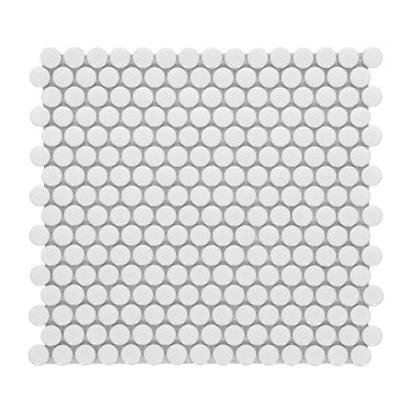 Penny Round White Glossy 11.5 x 12.25 Pebble Mosaic Tile.