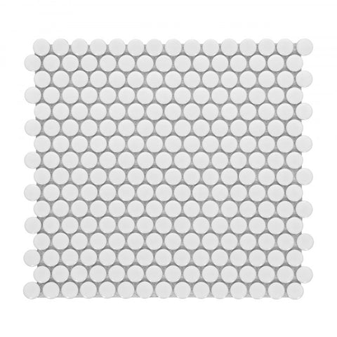Penny Round White Glossy 11.5 x 12.25 Pebble Mosaic Tile.