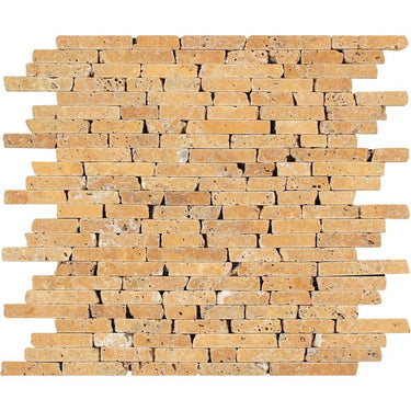 Gold Tumbled Travertine Random Strip Mosaic Tile.