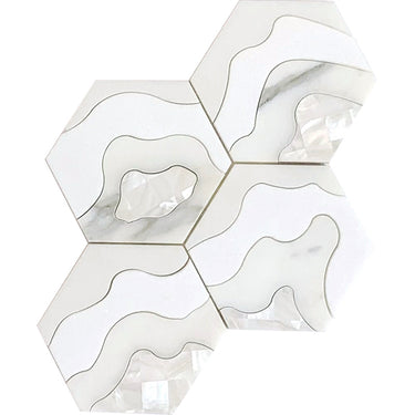 WATERJET STORM WHITE Thassos, Paper White, Calacatta Gold, Shell Mosaic Tile.