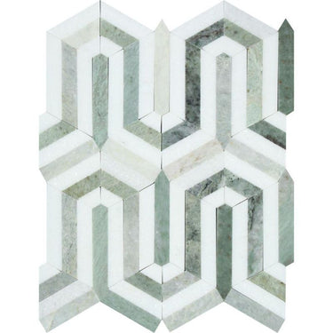 Thassos White Polished Marble Berlinetta Mosaic Tile (Thassos w/ Ming Green) - MosaicBros.com