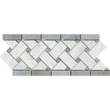 4 3/4 x 12 Polished Bianco Carrara Marble Basketweave Border w/ Blue-Gray Dots.