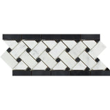 4 3/4 x 12 Polished Bianco Carrara Marble Basketweave Border w/ Black Dots.