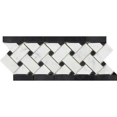 4 3/4 x 12 Polished Bianco Carrara Marble Basketweave Border w/ Black Dots.