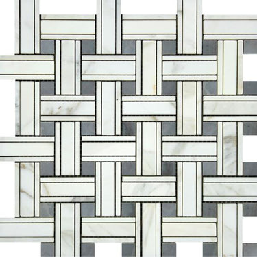 Calacatta Gold Honed Marble Tripleweave Mosaic Tile w/ Blue-Gray Dots.