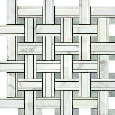 Calacatta Gold Honed Marble Tripleweave Mosaic Tile w/ Ming Green Dots.