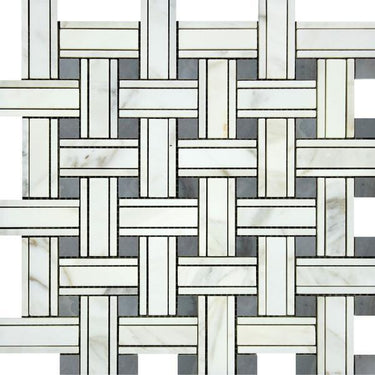 Calacatta Gold Polished Marble Tripleweave Mosaic Tile w/ Blue-Gray Dots.