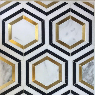 Calacatta Gold Nero Marquina Hexagon Polished Mosaic.