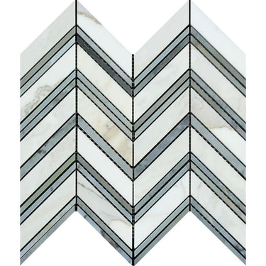 Calacatta Gold Honed Marble Large Chevron Mosaic Tile w/ Blue-Gray Strips.